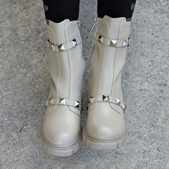 Women's Grey Pyramid Stud Ankle Combat Boot - Picture 3 of 5